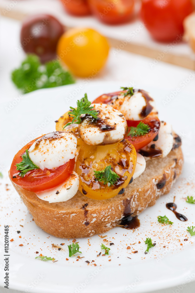 piece of ciabatta with mozzarella, balsamic sauce piece of ciabatta with mozzarella, balsamic sauce