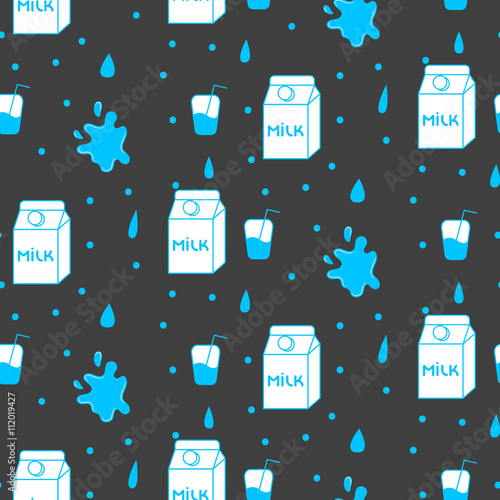 Milk and cookie seamless vector pattern. Dairy fun blue and grey pattern with milk box and milk splash stains on grey.