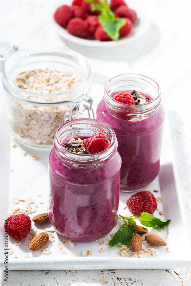 raspberry smoothie with oatmeal and chocolate, vertical raspberry smoothie with oatmeal and chocolate, vertical