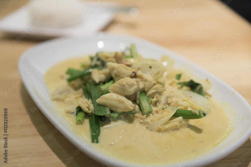 crab stir fry with egg, curry powder and vegetable, selective fo crab stir fry with egg, curry powder and vegetable, selective fo