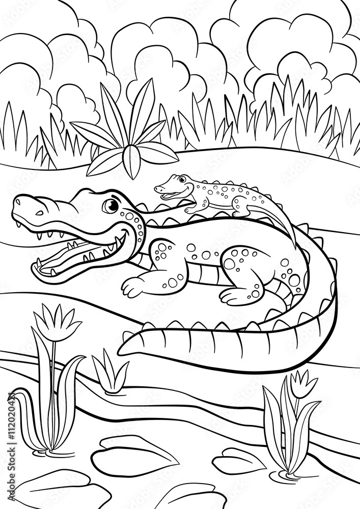 Obraz premium Coloring pages. Animals. Mother alligator with her little cute baby alligator.
