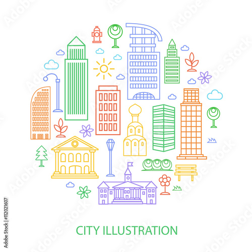 Vector city illustration in linear style, buildings and clouds