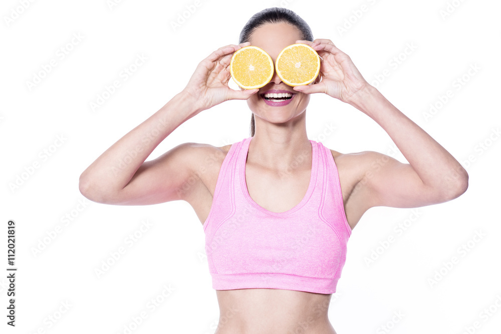 Young beautiful model with orange slices Young beautiful model with orange slices
