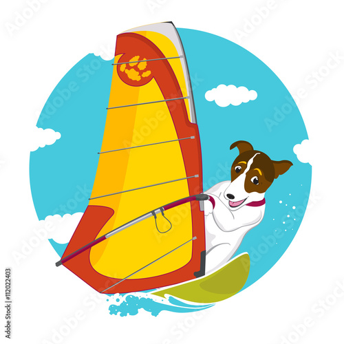 Funny Jack Russell Terrier dog windsurfing vector illustration