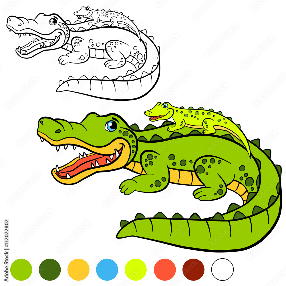 Obraz premium Coloring page. Color me: alligator. Mother alligator with her little cute baby alligator.