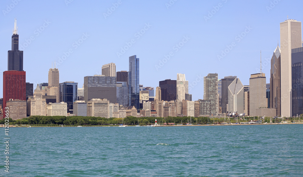 Chicago skyline and Grant park viewed from Michigan Lake