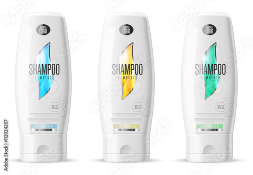 Shampoo design pack. Cosmetic brand template. Vector packaging. Body care product. Realistic bottle mock up set. Isolated pack on white background.