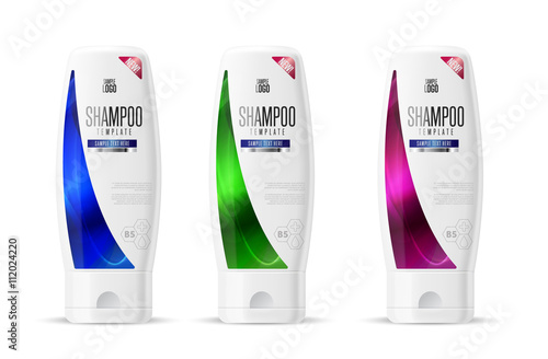 Shampoo design pack. Cosmetic brand template. Vector packaging. Body care product. Realistic bottle mock up set. Isolated pack on white background.