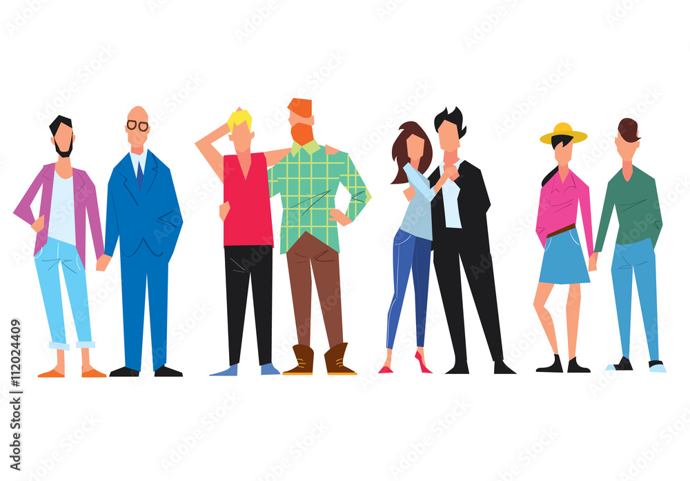 Obraz premium Extraordinary couples of different minorities. Gays and lesbian couple. Homosexual. Tolerance. Vector illustration.