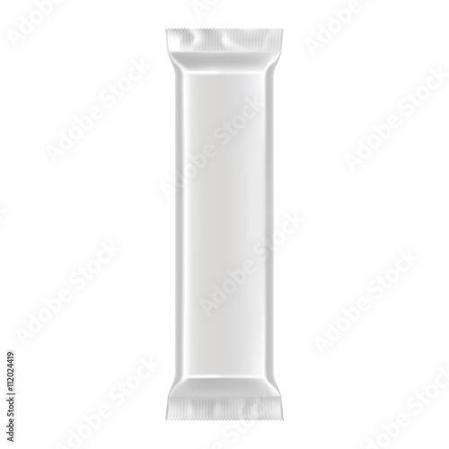 Blank packaging isolated on white background. Foil food snack bag for chocolate bar. Package template. Realistic 3d mockup. Plastic pack template. Ready for design. Vector illustration.
