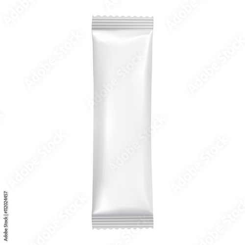 Blank packaging isolated on white background. Foil food snack bag for chocolate bar. Package template. Realistic 3d mockup. Plastic pack template. Ready for design. Vector illustration.