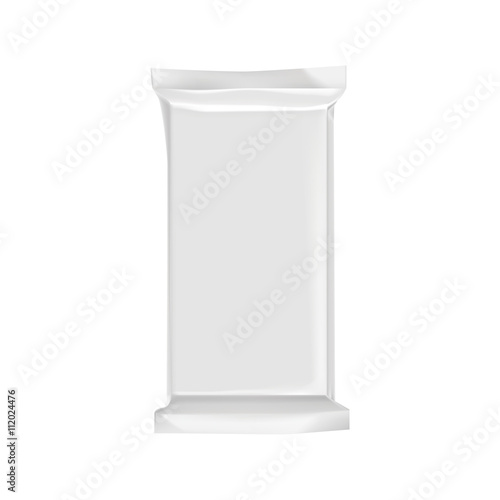 Blank packaging isolated on white background. Foil food snack bag for chocolate bar. Package template. Realistic 3d mockup. Plastic pack template. Ready for design. Vector illustration.