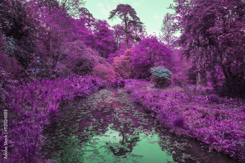 Stunning infrared alternative color landscape image of trees ove photo