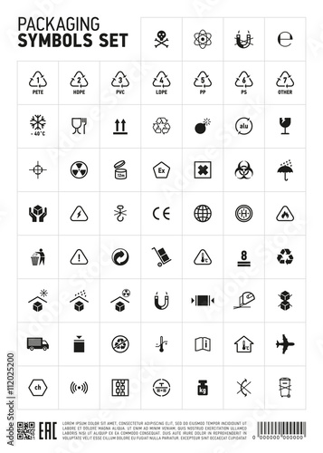 Packaging symbols set vector icon. Recyclable emblem. Use only the trolley. This side up. Fragile tag. Keep dry. Keep away from direct sunlight. Handle with care. Do not drop. Do not litter.