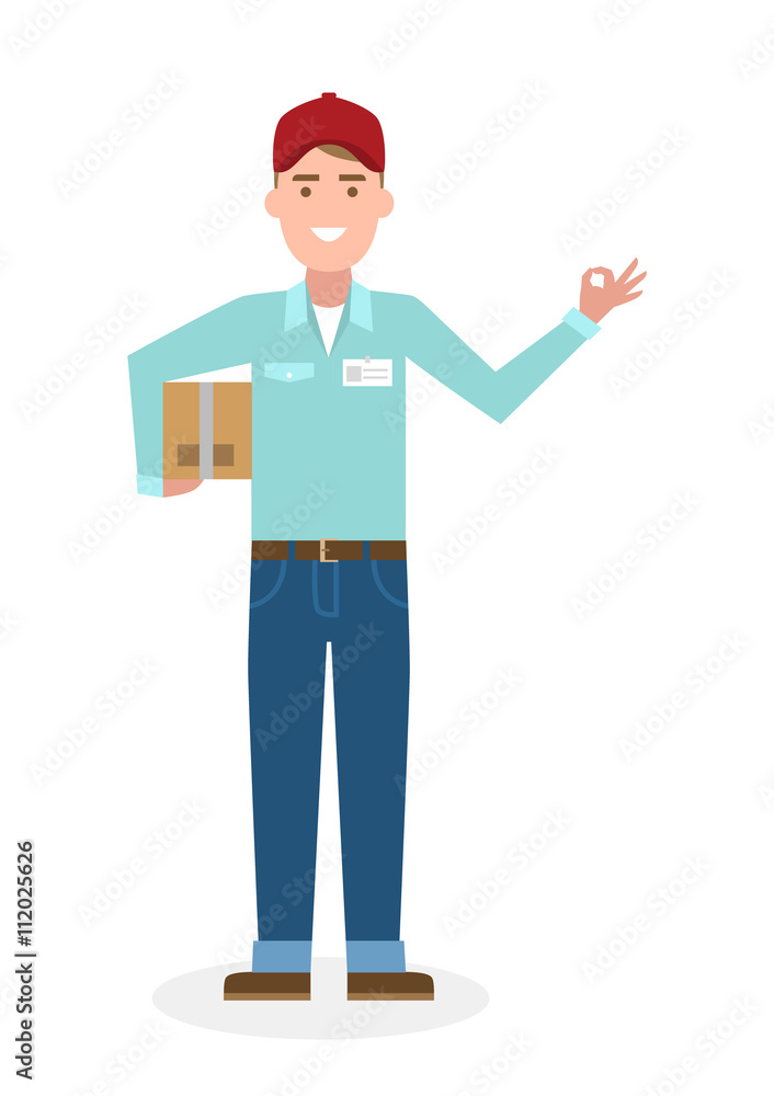 Delivery man with parcel and ok gesture. Fast transportation. Isolated cartoon character on white background. Postman, courier with package and ok.