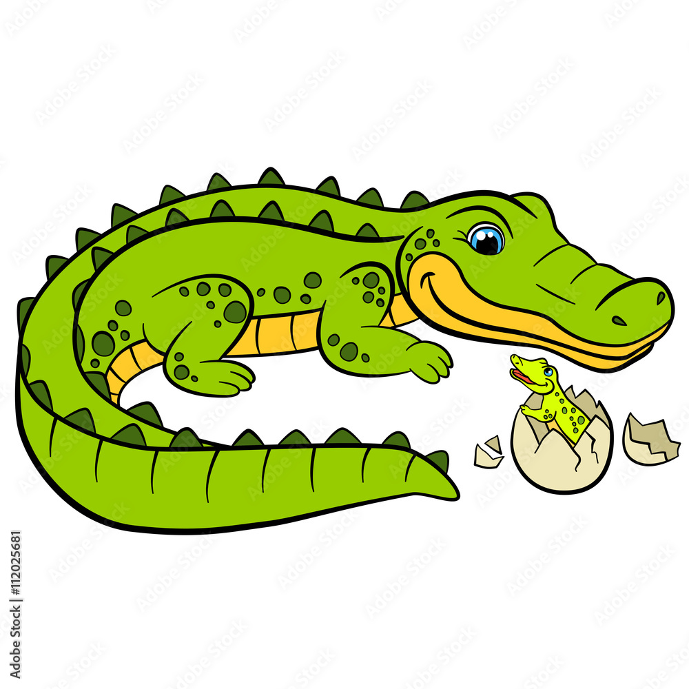 Naklejka premium Cartoon animals for kids. Mother alligator looks at her little cute baby alligator in the egg.