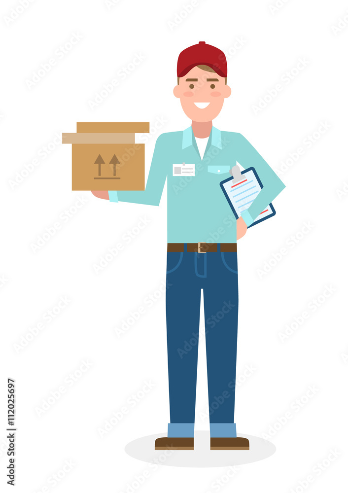 Delivery man with parcel. Fast transportation. Isolated cartoon character on white background. Postman, courier with clipboard and package. Delivery man with parcel. Fast transportation. Isolated cartoon character on white background. Postman, courier with clipboard and package.