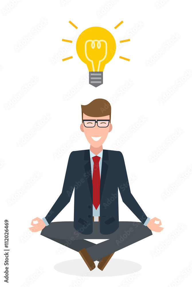 Businessman meditating with light bulb on white background. Isolated character. Strategy thinking. Brainstorming and meditating idea. Businessman meditating with light bulb on white background. Isolated character. Strategy thinking. Brainstorming and meditating idea.