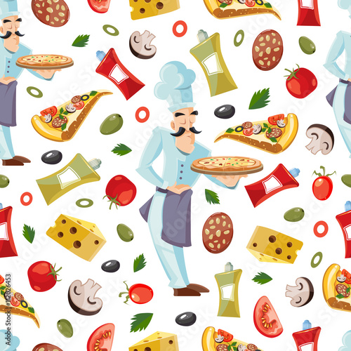 Vector Cartoon seamless pattern with ingridients of pizza