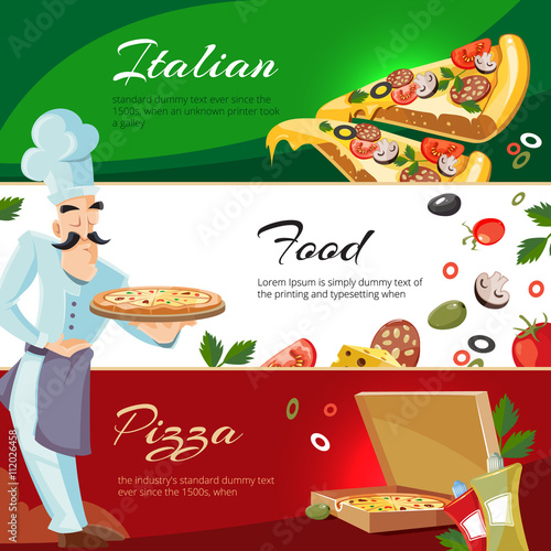 Vector Cartoon web banners with ingridients of pizza