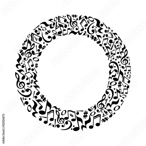 O letter made of musical notes on white background. Alphabet for art school. Trendy font. Graphic decoration.