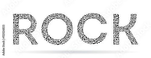 Word made of musical notes on white background. Black notes pattern. Black and white design. Word rock shape. Poster and decoration idea.