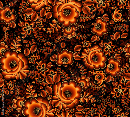 Orange floral seamless pattern on black background in Russian tradition hohloma style photo