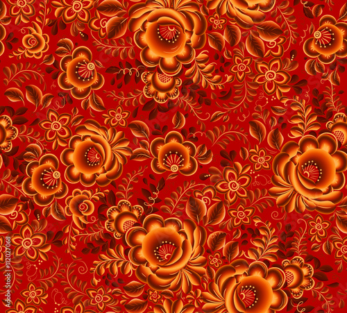 Orange floral seamless pattern on red background in Russian tradition hohloma style