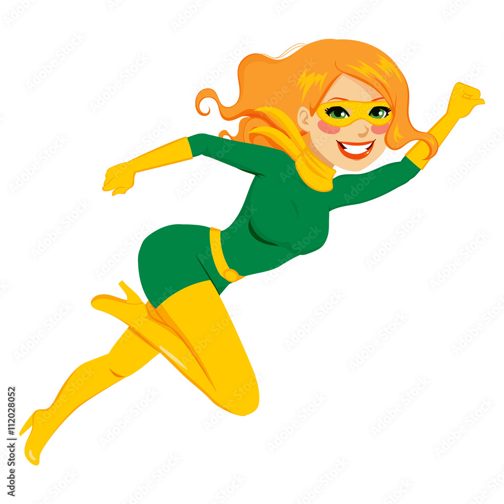 Red haired super hero girl jumping in green and golden costume with face mask Red haired super hero girl jumping in green and golden costume with face mask