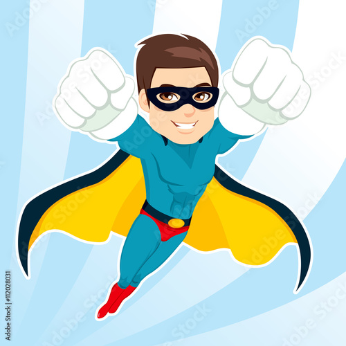 Illustration of handsome muscular strong man in superhero costume flying