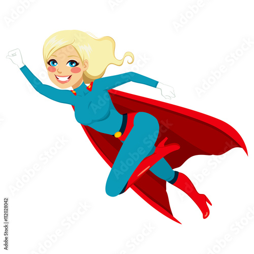 Blonde super hero girl flying fast in blue and red costume with cape