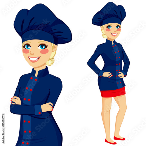 Confident chef woman standing with arms crossed wearing dark blue cooking uniform
