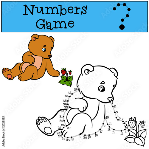 Educational games for kids: Numbers game with contour. Little cute babybear looks at the strawberry. photo