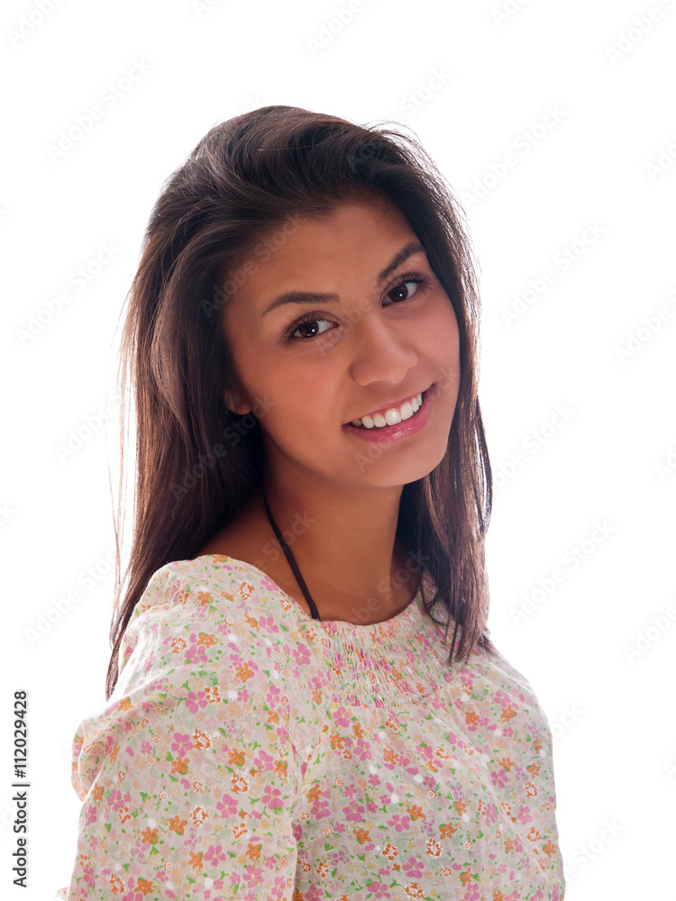 teen girl wearing summer beach blouse with flowers over swimwear teen girl wearing summer beach blouse with flowers over swimwear