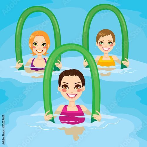 Small group of women making aqua gym exercises with foam rollers in swimming pool at the leisure center