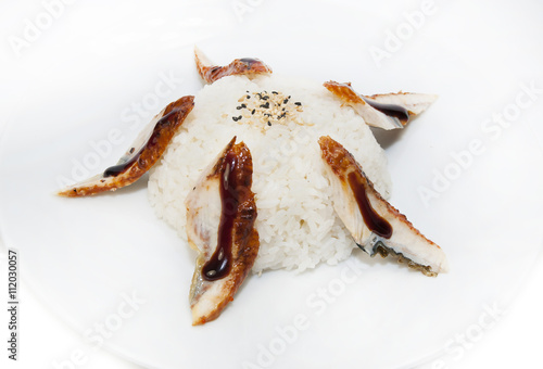 rice with smoked eel on a white background in the restaurant