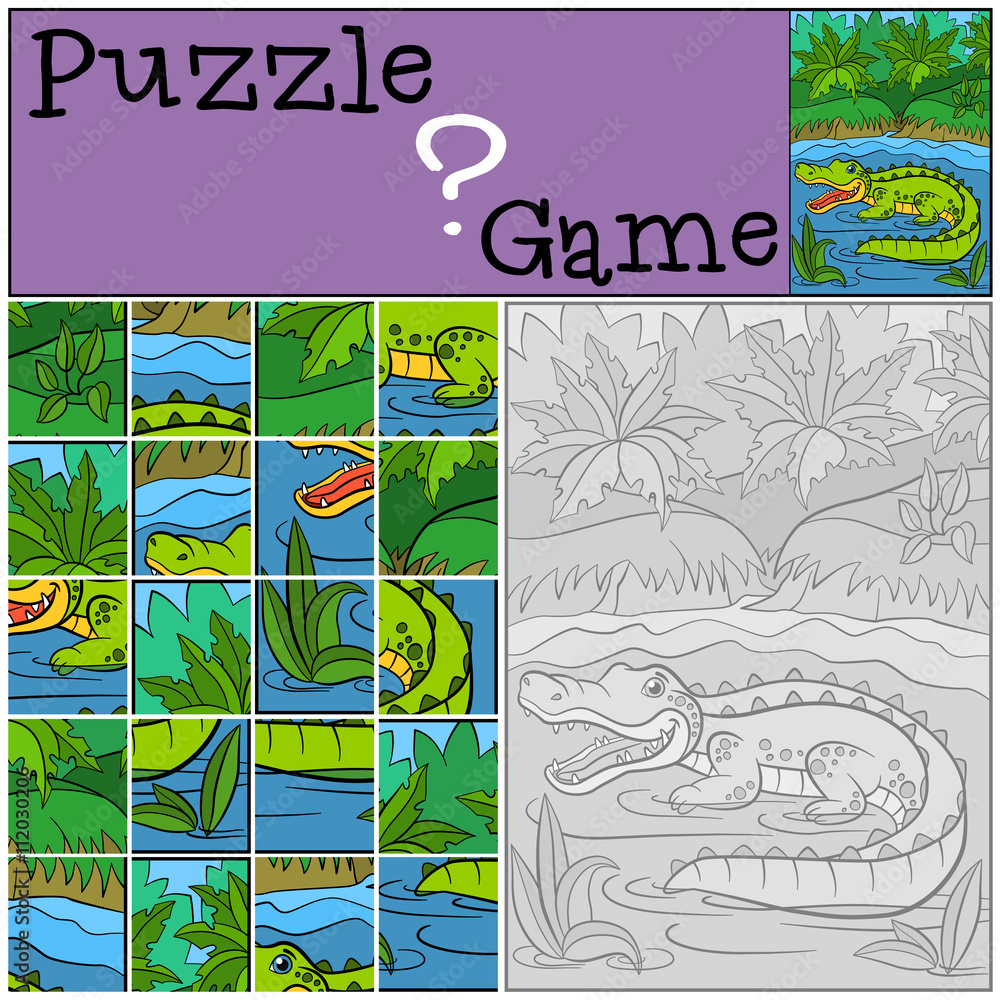 Education games for kids. Puzzle. Little cute alligator.