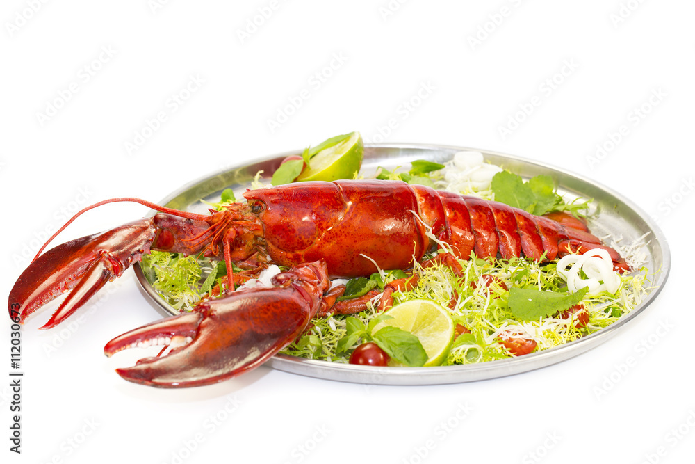lobster with fresh herbs and lemon on a white background lobster with fresh herbs and lemon on a white background