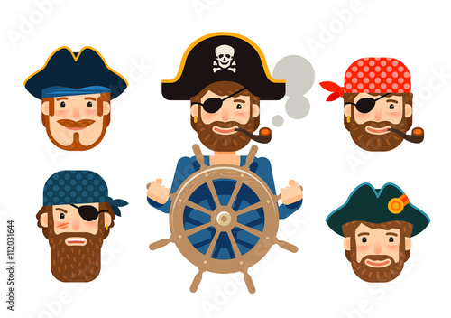 Pirate at the helm of ship. Corsair. Funny sailor. Cartoon flat design
