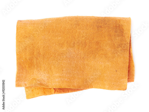 Orange old kitchen cleaning napkin rag over white isolated background