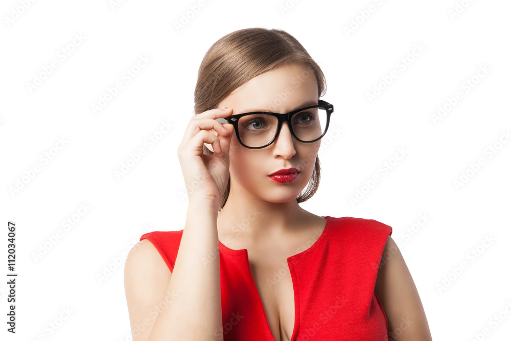 Beautiful lady in glasses thinking while looking up