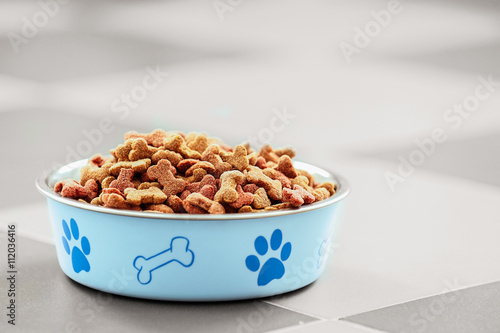 Fototapeta Naklejka Na Ścianę i Meble -  Pet food in a metal bowl on a floor.