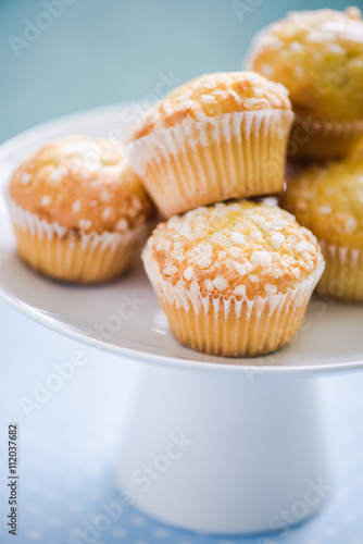 Lemon muffins stack on serving platter