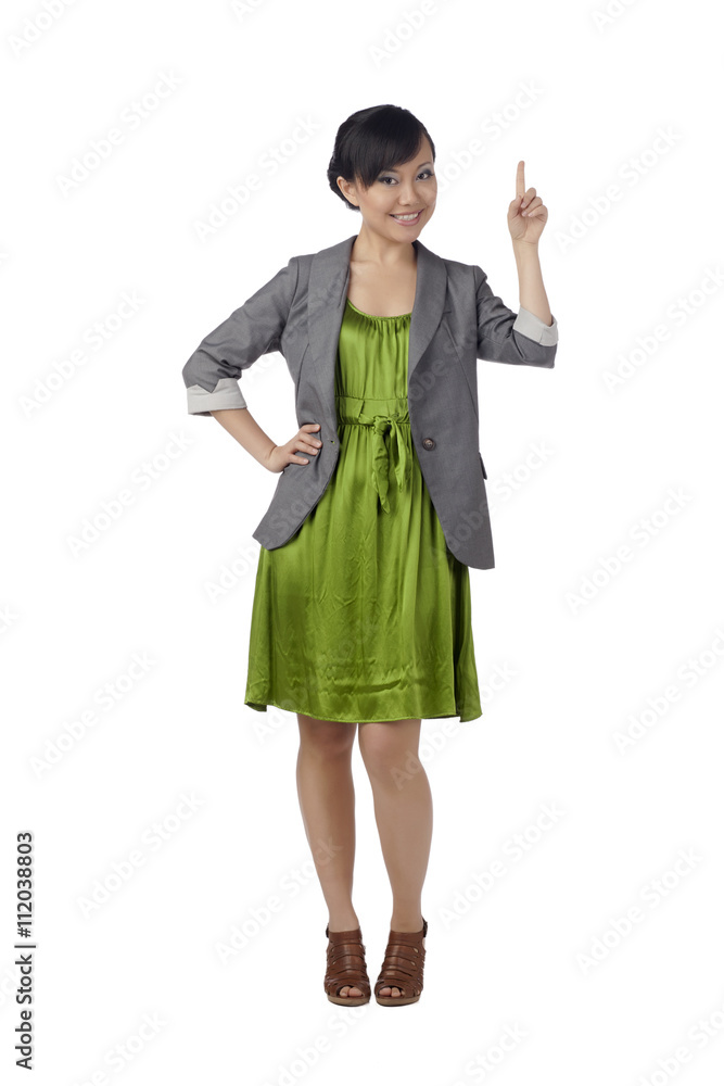 beautiful asian woman pointing up beautiful asian woman pointing up