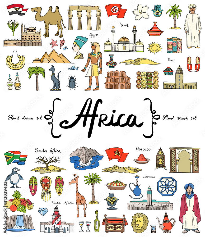 Vector set with hand drawn colored doodles on the theme of Africa ...