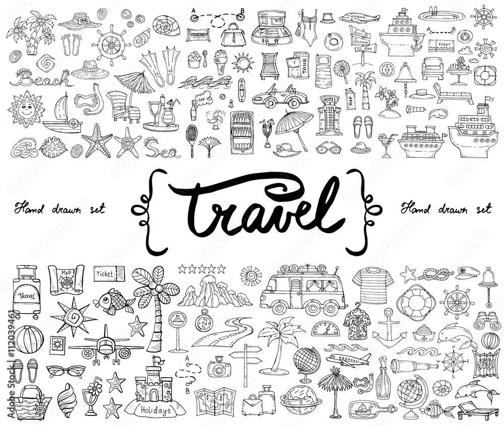 Fototapeta premium Vector set with hand drawn isolated doodles on the theme of travel and tourism. Sketches for use in design