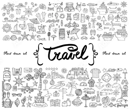Vector set with hand drawn isolated doodles on the  theme of travel and tourism. Sketches for use in design