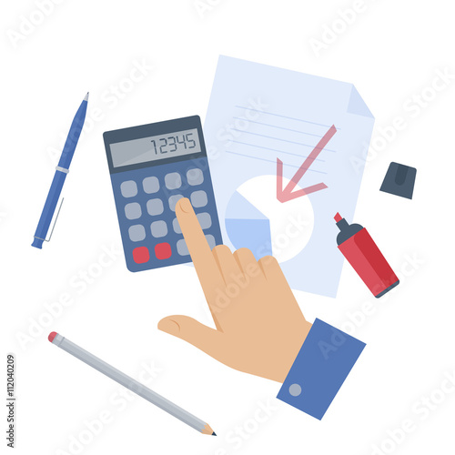 Businessman counting profit on the calculator. Flat isolated illustration of hand, document, graph, calculator and office supplies on white background. Vector infographic element for web, presentation