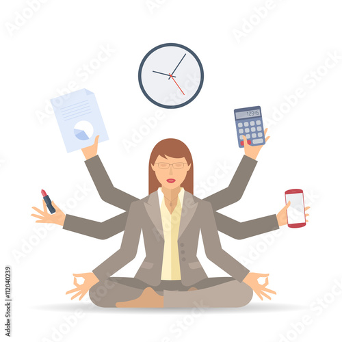 Business stress and multitasking. Flat vector concept isolated illustration. Busy businesswoman in the office meditates and works in a few hands. Professional manager sitting in the meditation