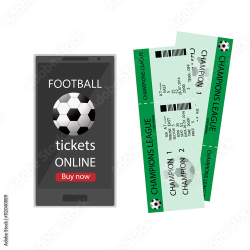 Football ticket online. Booking football ticket online via internet smart phone infographic. Buying or booking soccer tickets. Football ticket card modern design. Vector illustration